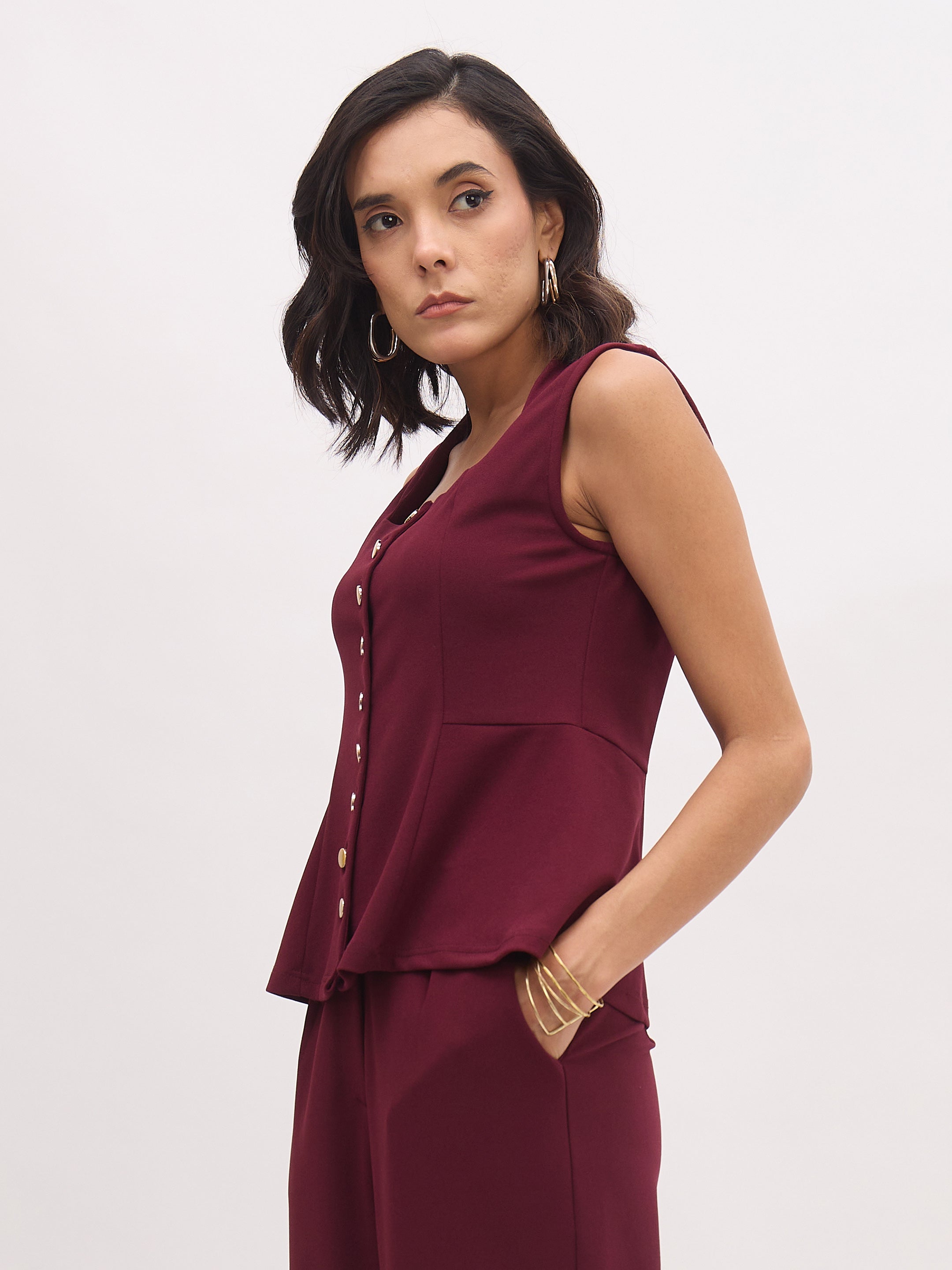 Women's Burgundy Rhombus Neck Sleeveless Front Button Top