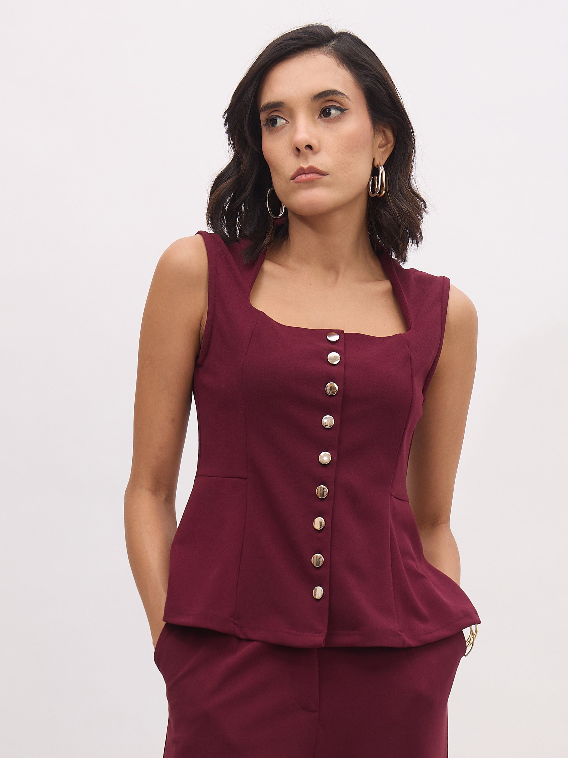 Women's Burgundy Rhombus Neck Sleeveless Front Button Top