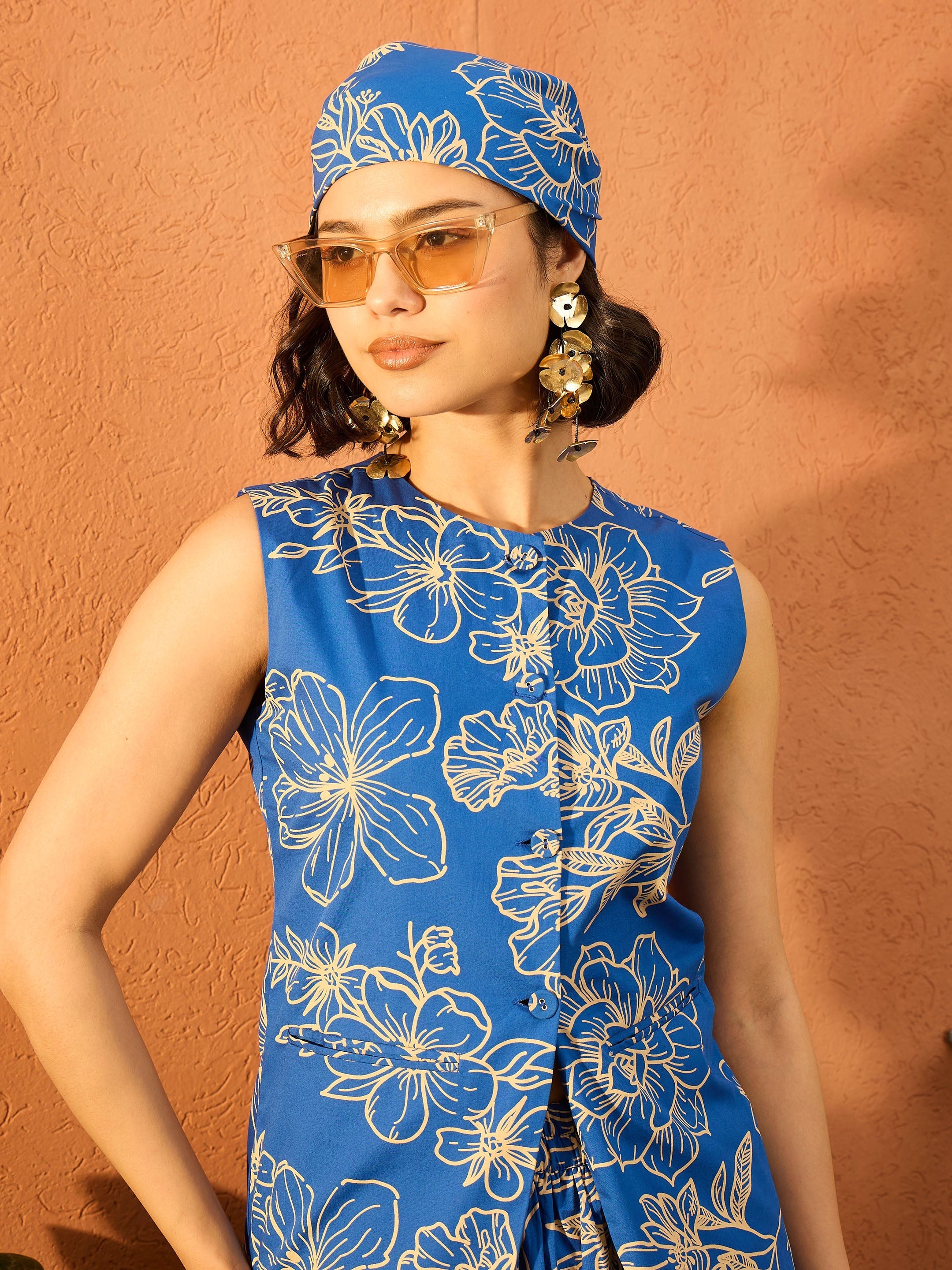 Women's Blue Poplin Floral Sleeveless Vest Top
