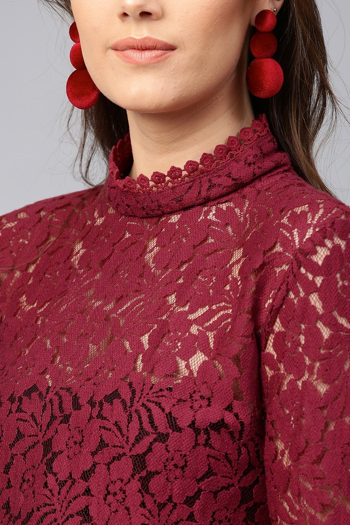 Women's Maroon Lace Back Zipper Top