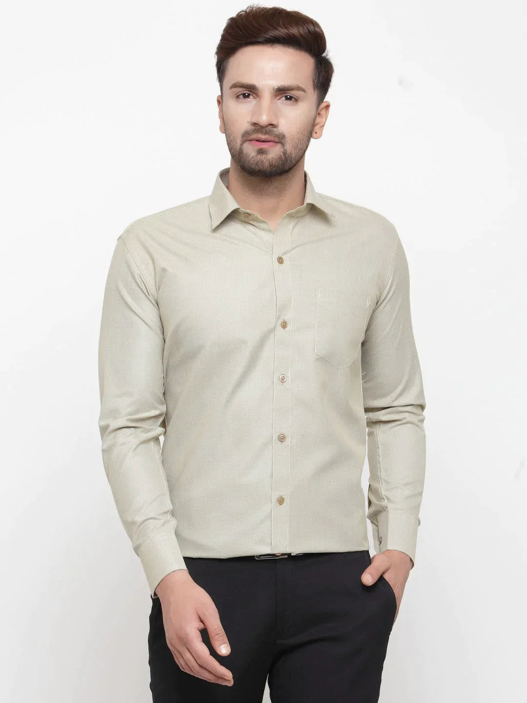 Men's Olive Cotton Geometric Formal Shirts - Taantav