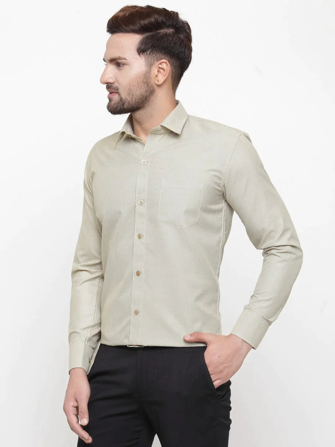 Men's Olive Cotton Geometric Formal Shirts - Taantav