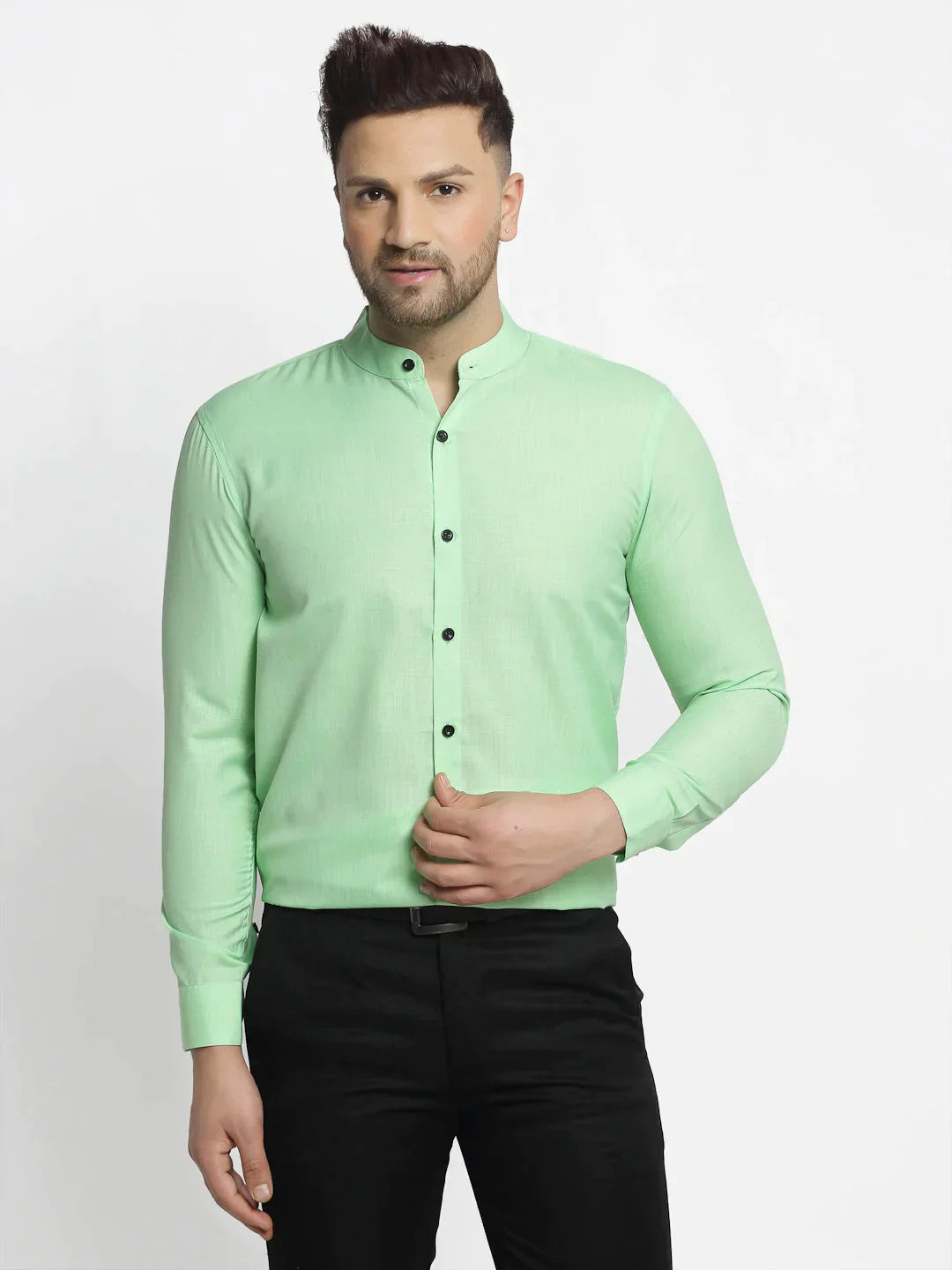 Men's Green Cotton Solid Mandarin Collar Formal Shirts - Taantav