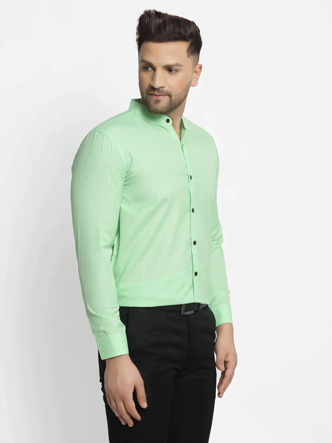 Men's Green Cotton Solid Mandarin Collar Formal Shirts - Taantav