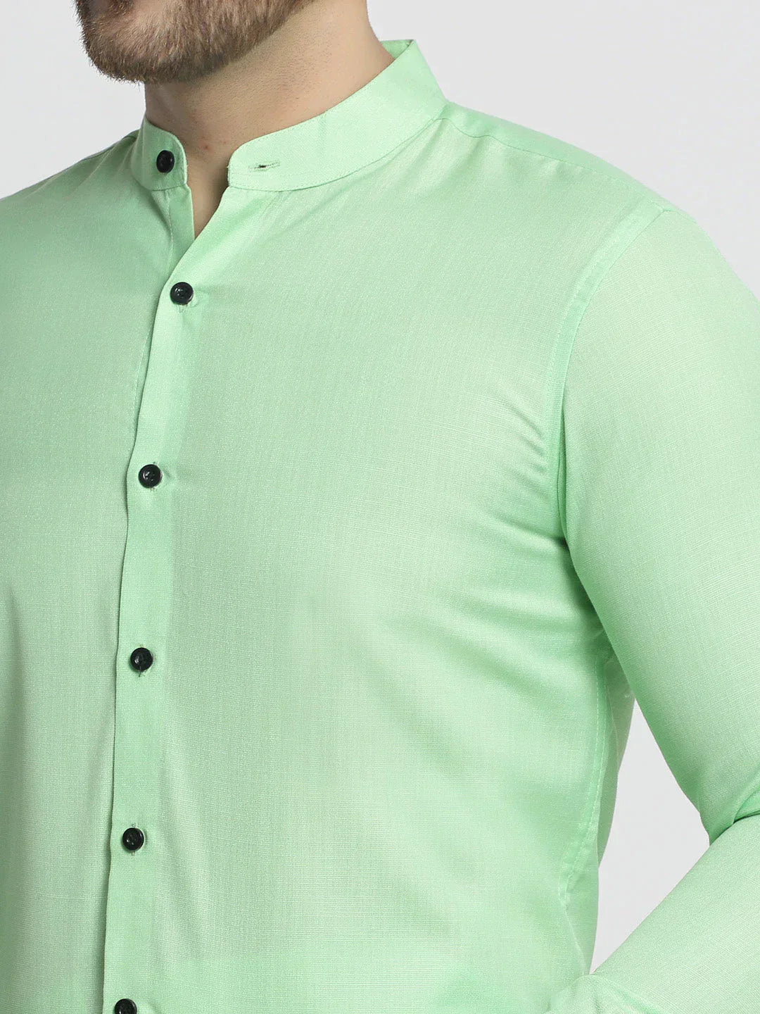 Men's Green Cotton Solid Mandarin Collar Formal Shirts - Taantav