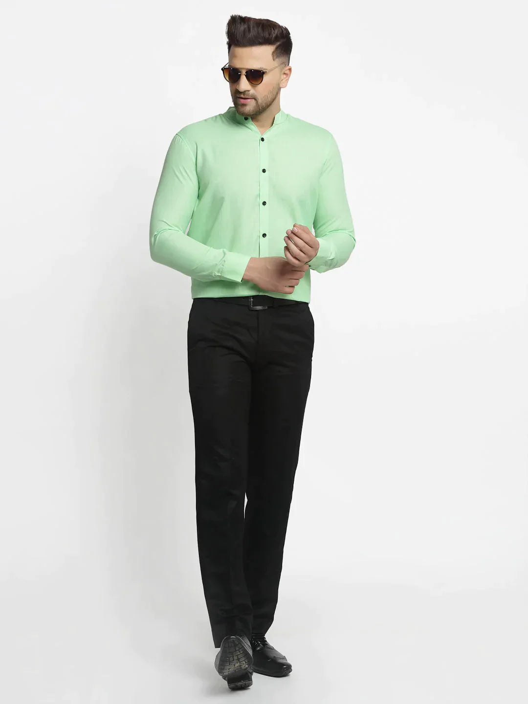 Men's Green Cotton Solid Mandarin Collar Formal Shirts - Taantav