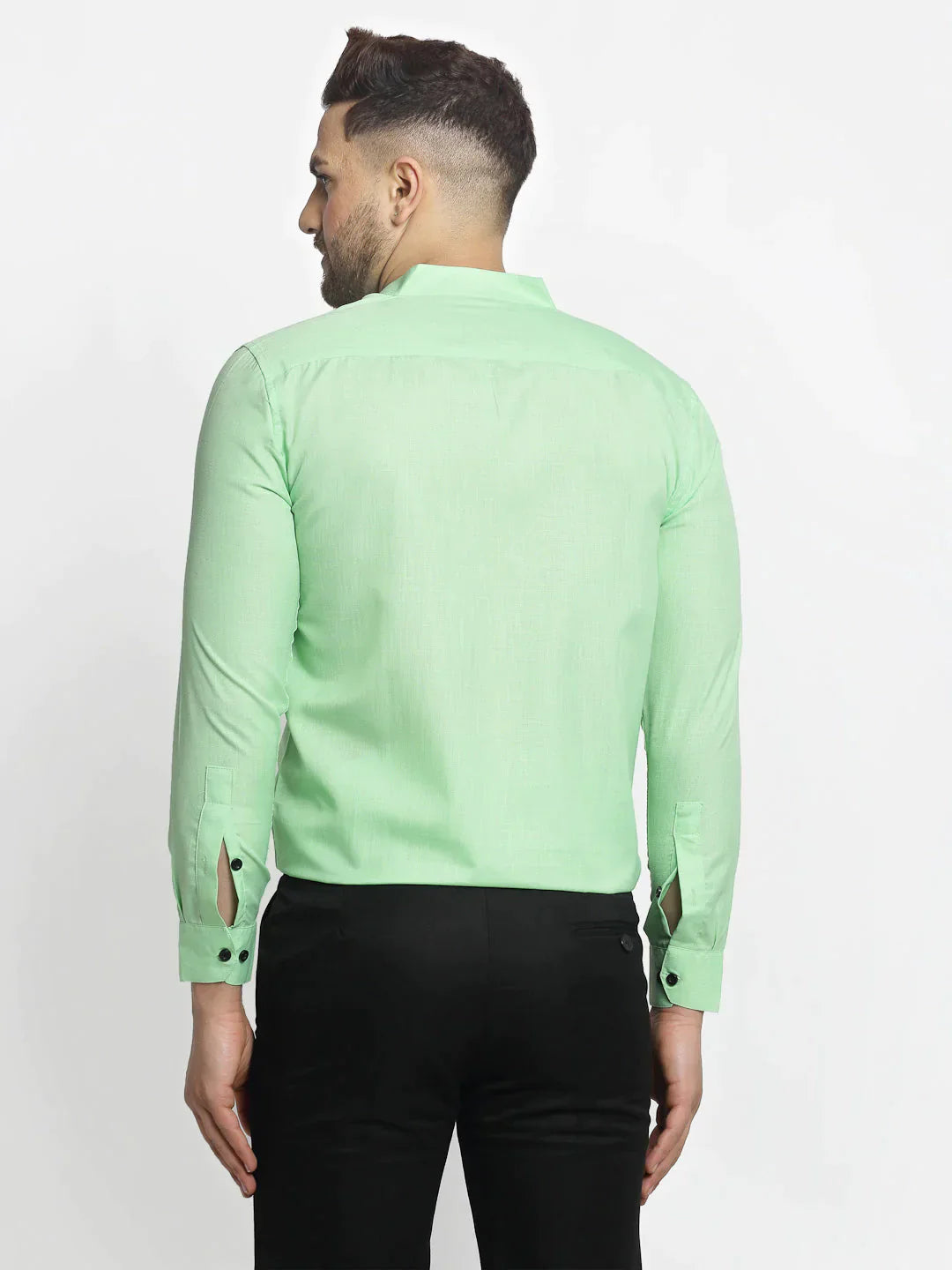 Men's Green Cotton Solid Mandarin Collar Formal Shirts - Taantav