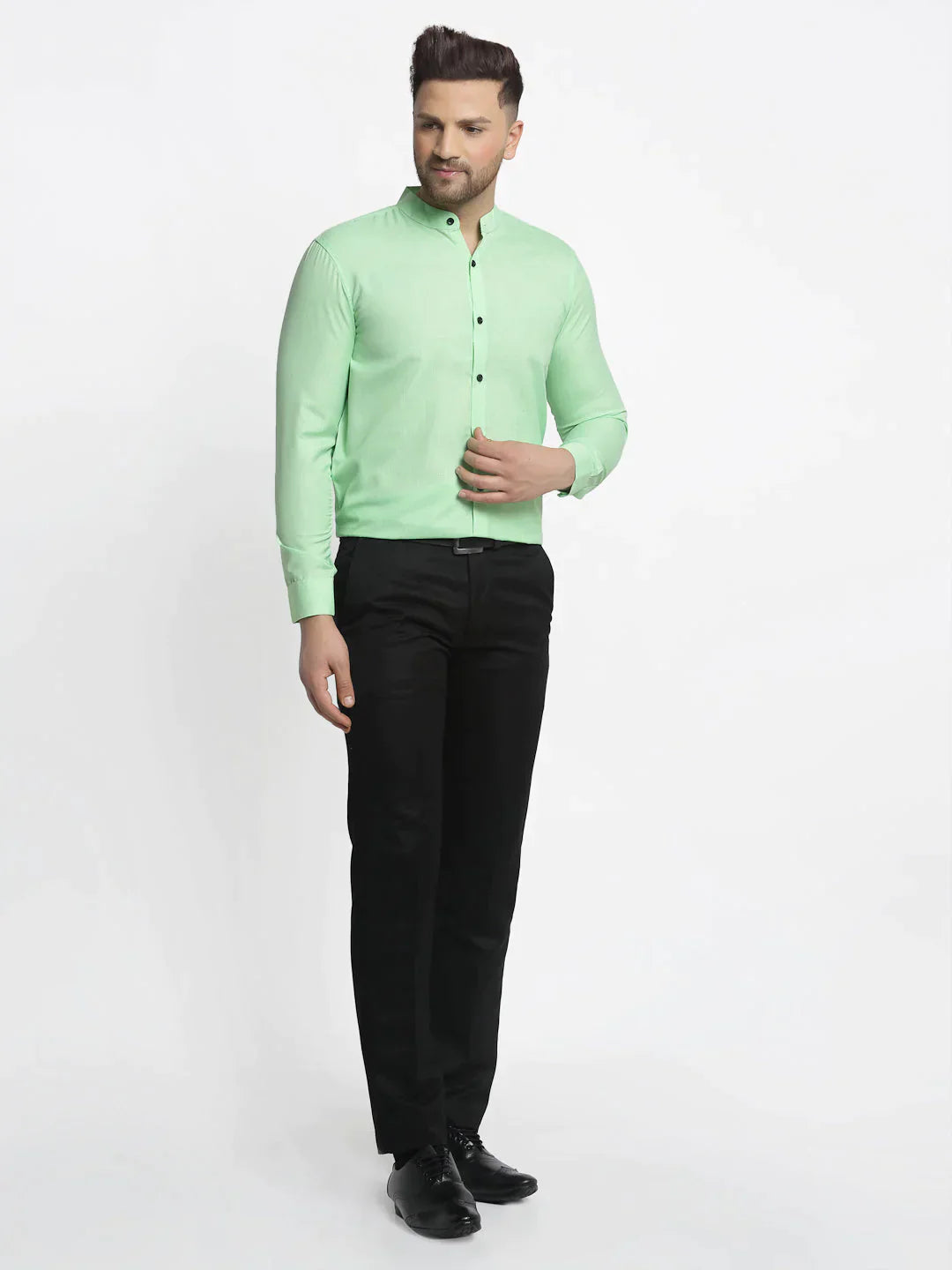 Men's Green Cotton Solid Mandarin Collar Formal Shirts - Taantav