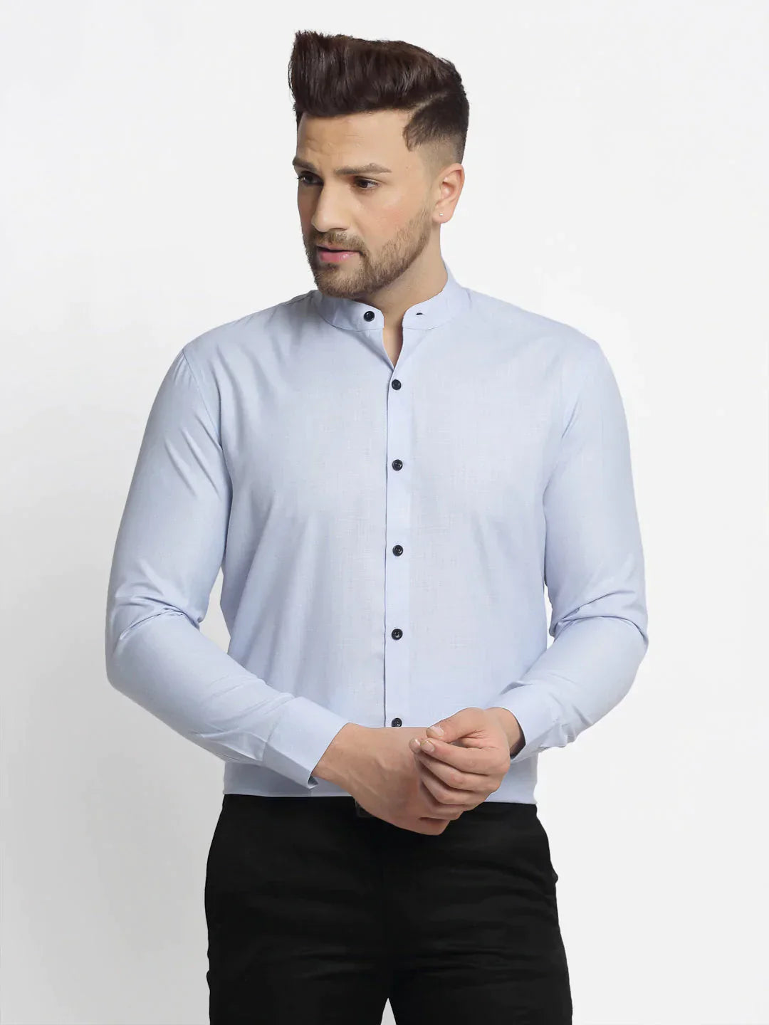 Men's Blue Cotton Solid Mandarin Collar Formal Shirts - Taantav