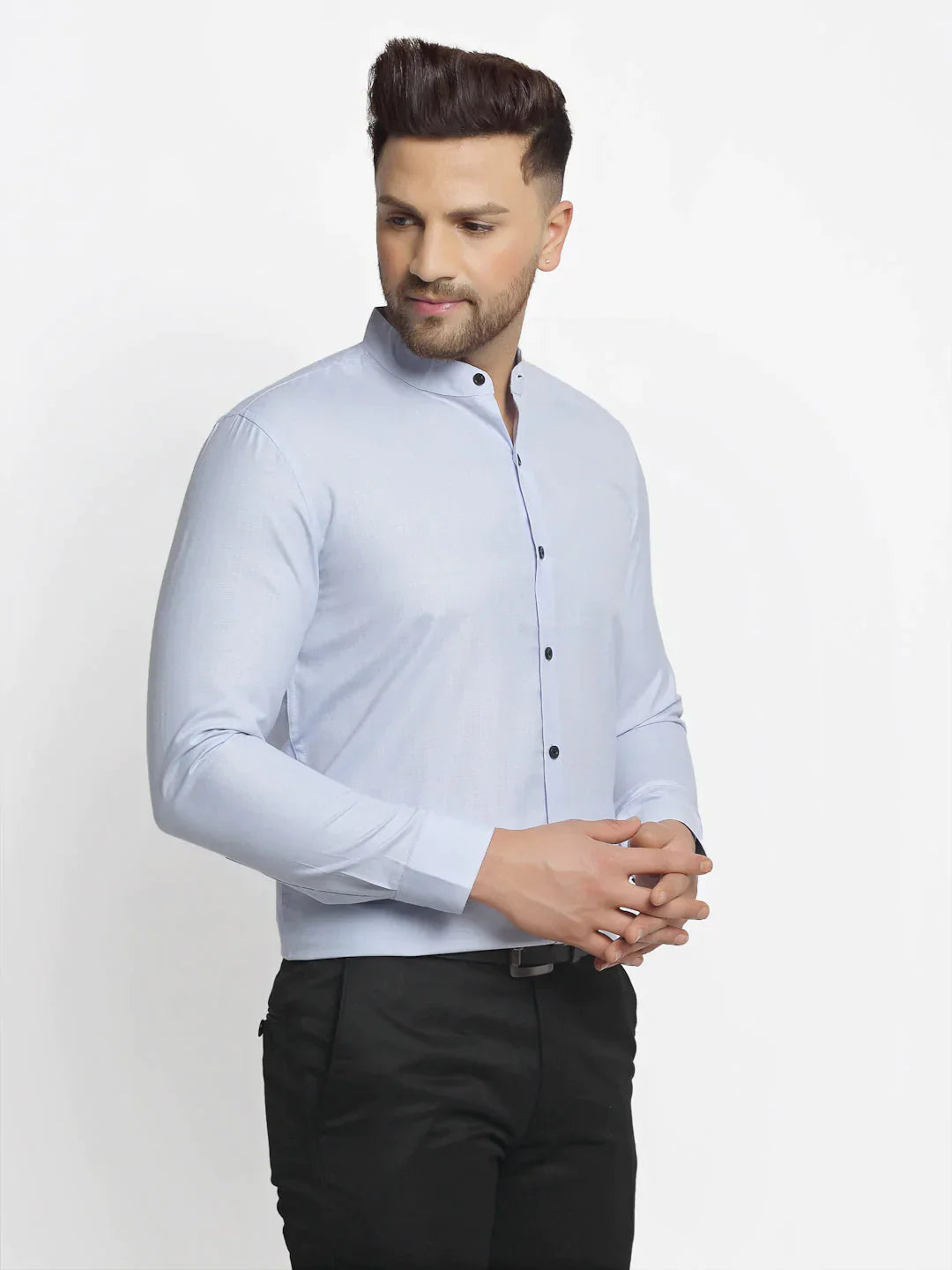 Men's Blue Cotton Solid Mandarin Collar Formal Shirts - Taantav