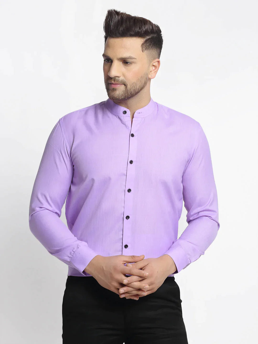 Men's Purple Cotton Solid Mandarin Collar Formal Shirts - Taantav