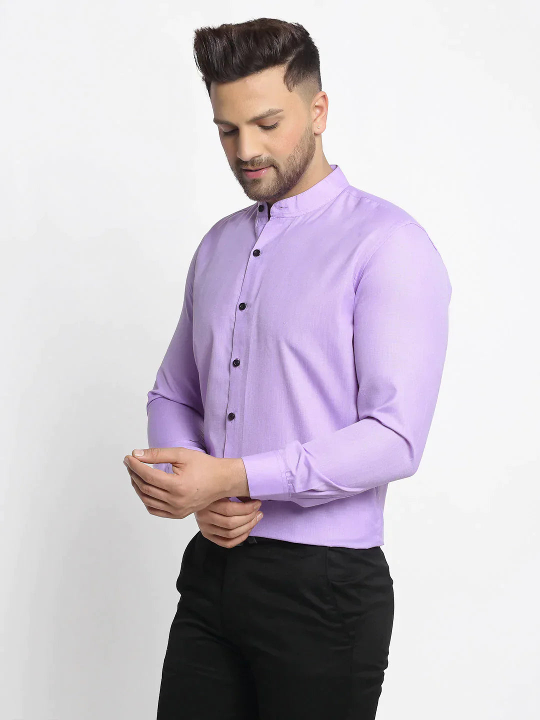 Men's Purple Cotton Solid Mandarin Collar Formal Shirts - Taantav