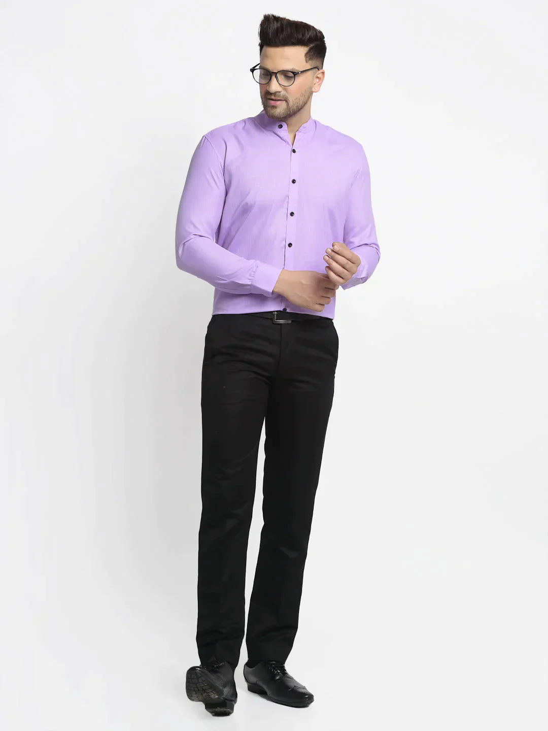 Men's Purple Cotton Solid Mandarin Collar Formal Shirts - Taantav