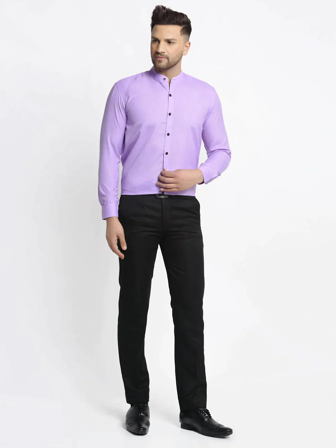 Men's Purple Cotton Solid Mandarin Collar Formal Shirts - Taantav