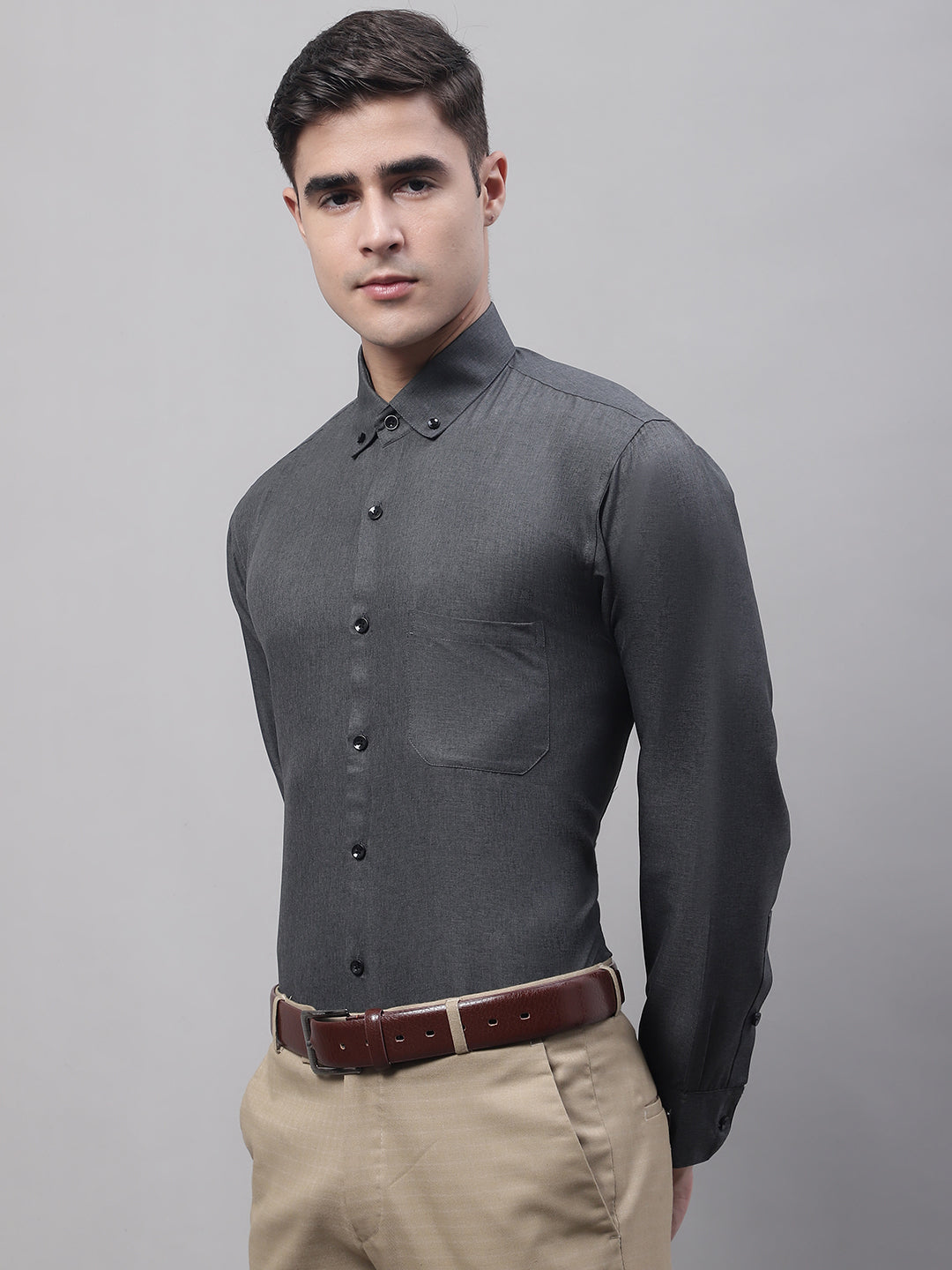 Men's Charcoal Cotton Solid Formal Shirt - Taantav