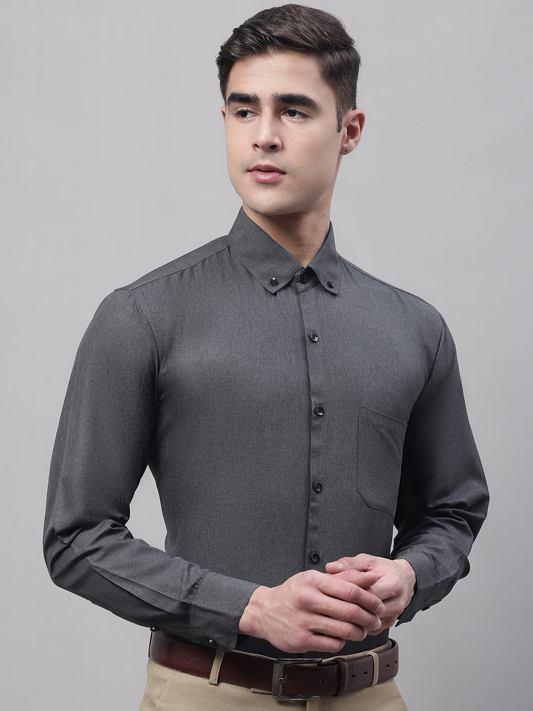 Men's Charcoal Cotton Solid Formal Shirt - Taantav