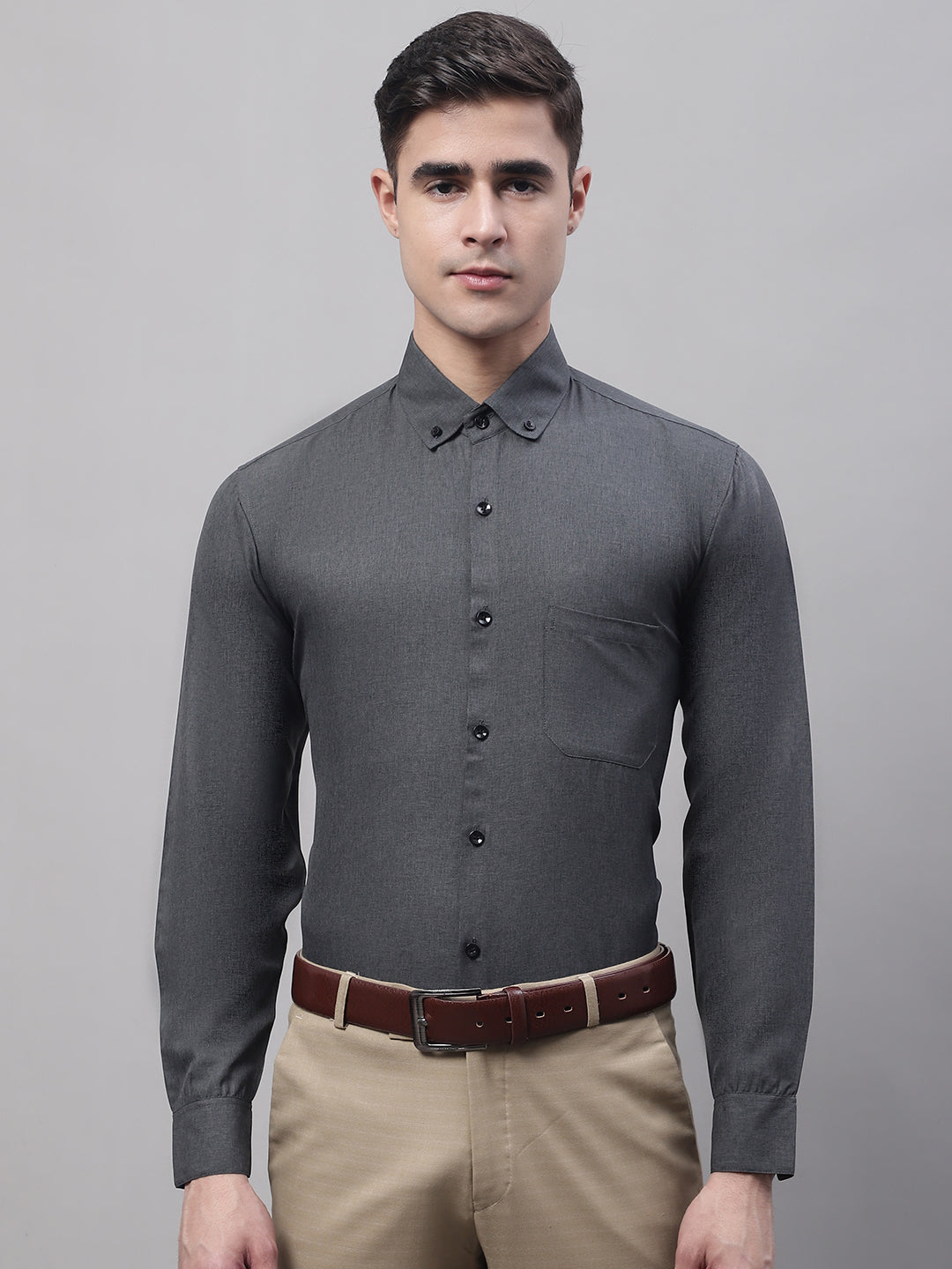 Men's Charcoal Cotton Solid Formal Shirt - Taantav