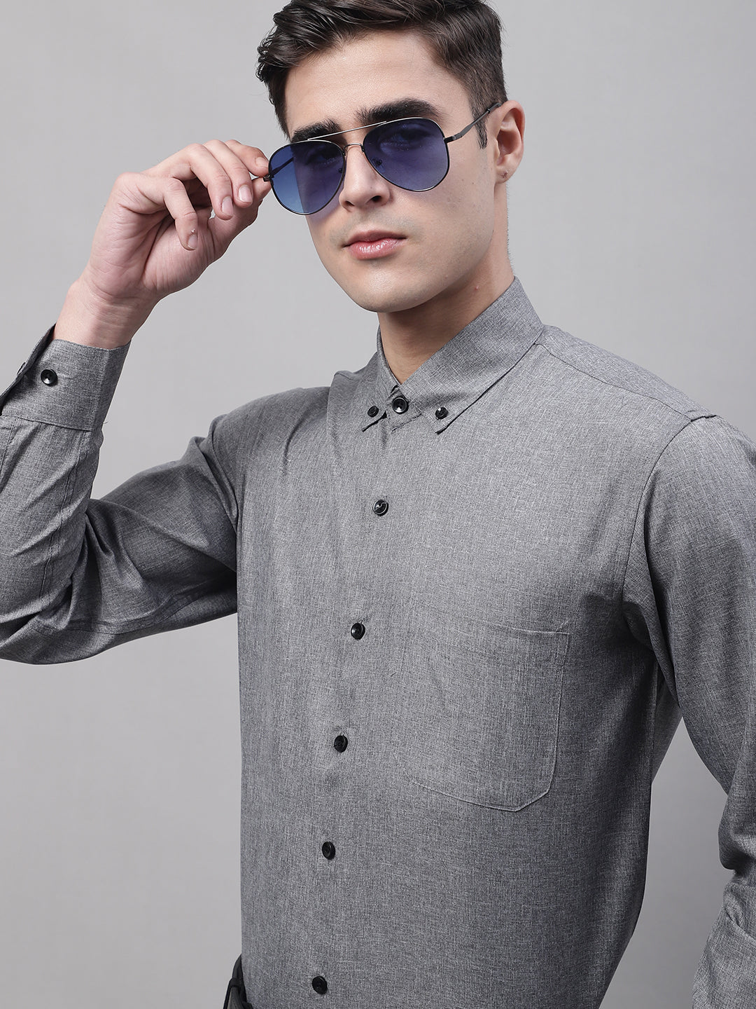 Men's Dark-Grey Cotton Solid Formal Shirt - Taantav