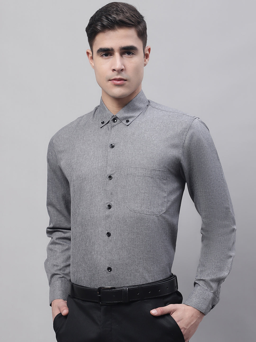 Men's Dark-Grey Cotton Solid Formal Shirt - Taantav