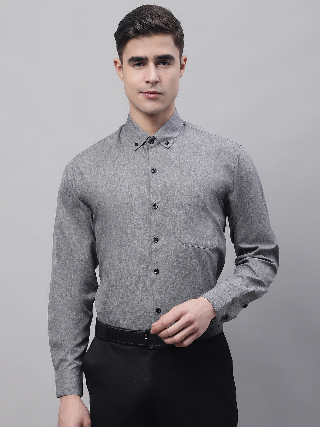 Men's Dark-Grey Cotton Solid Formal Shirt - Taantav