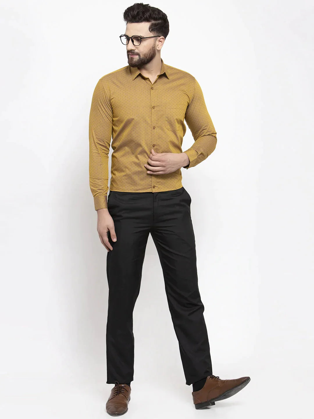 Men's Yellow Cotton Polka Dots Formal Shirts - Taantav