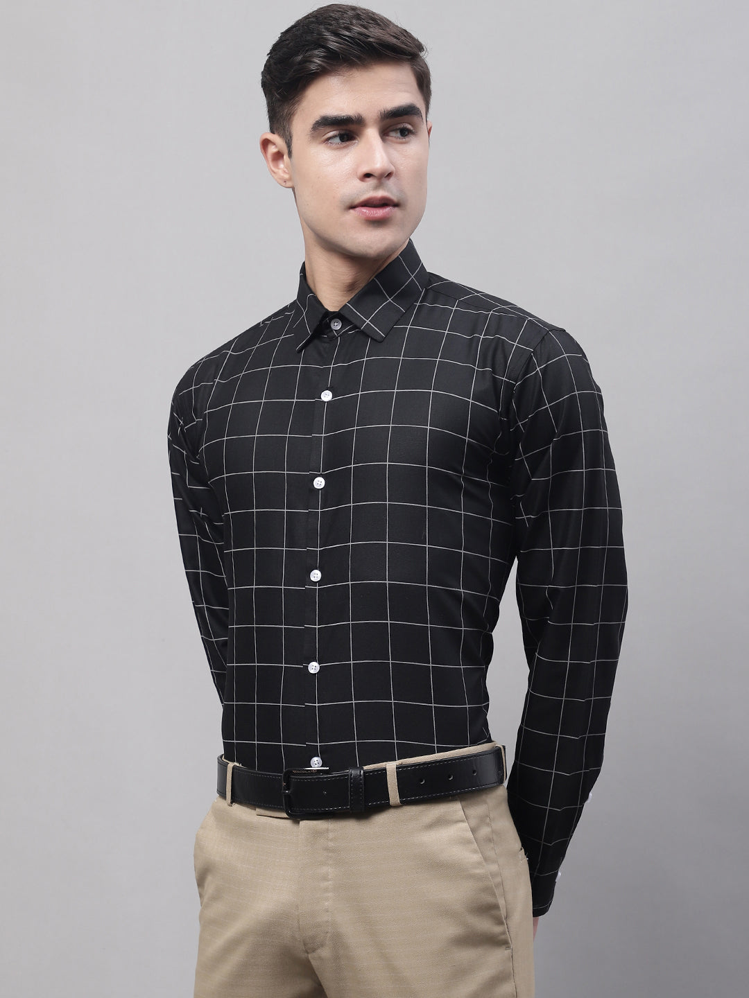 Men's Black Cotton Checked Formal Shirt - Taantav