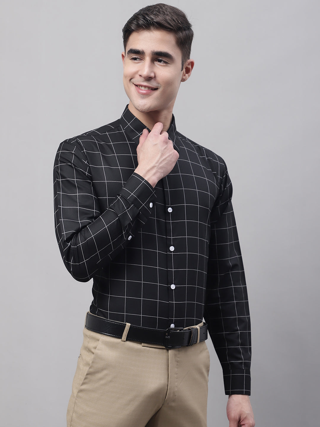 Men's Black Cotton Checked Formal Shirt - Taantav