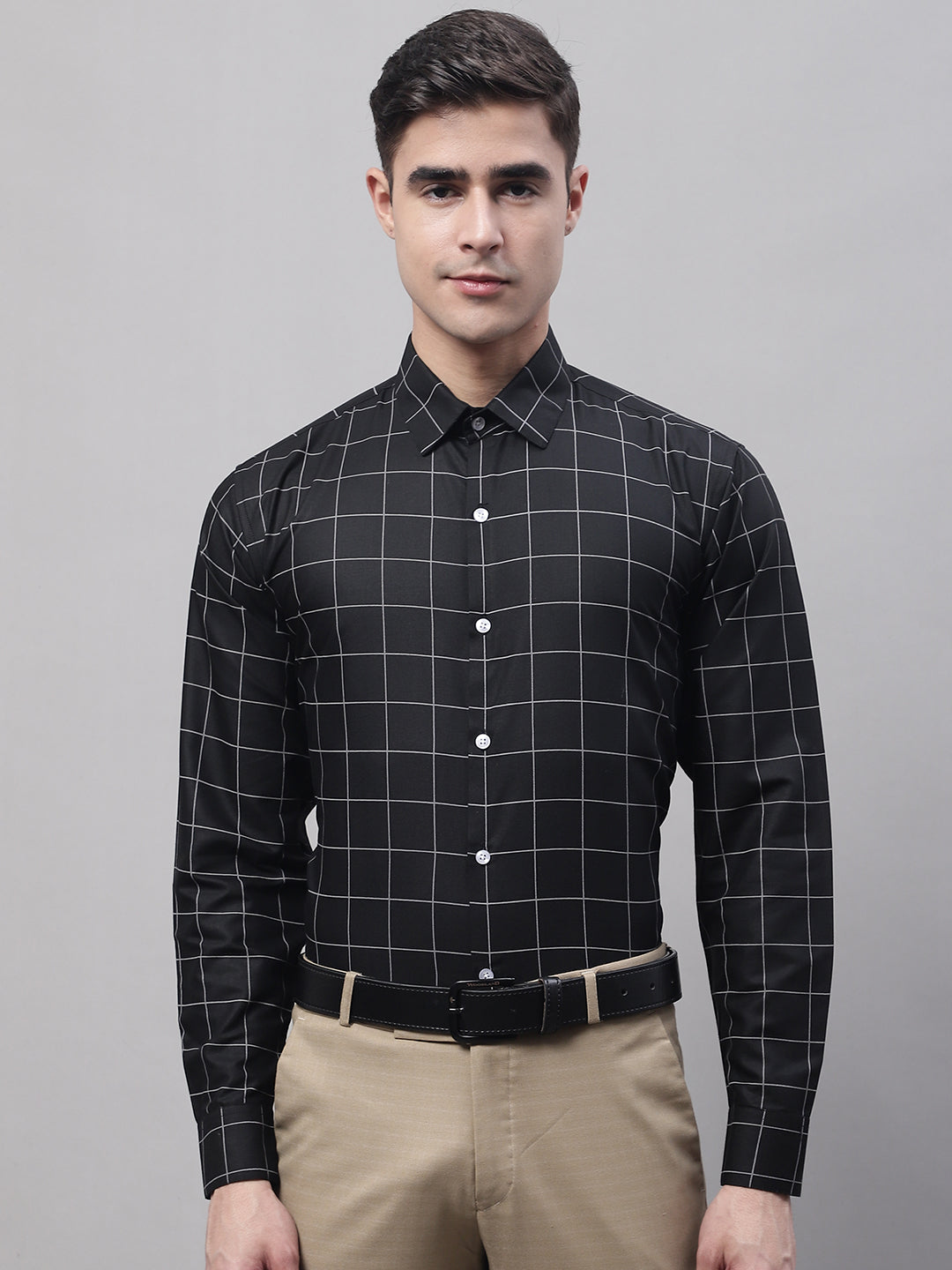 Men's Black Cotton Checked Formal Shirt - Taantav