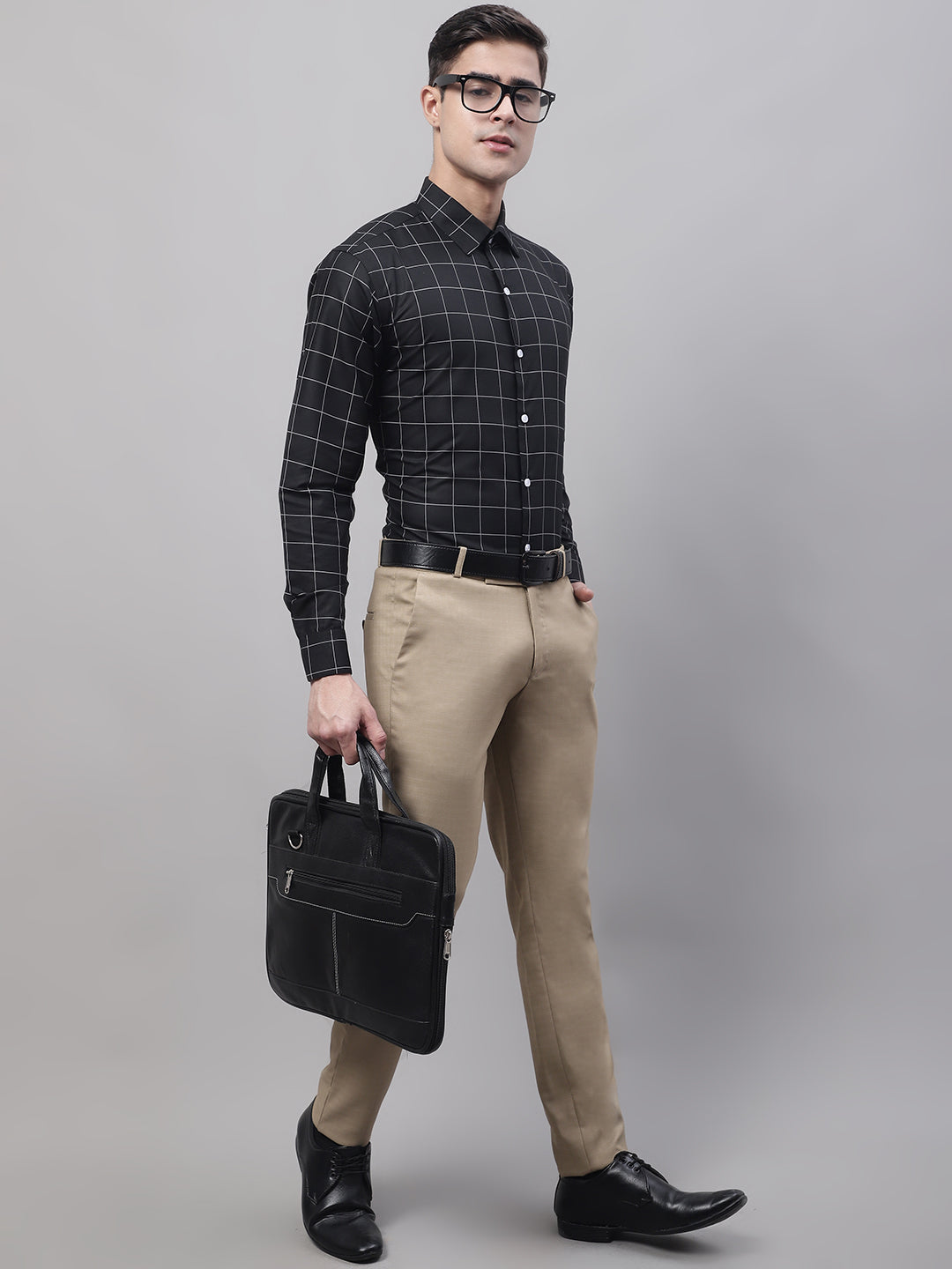 Men's Black Cotton Checked Formal Shirt - Taantav