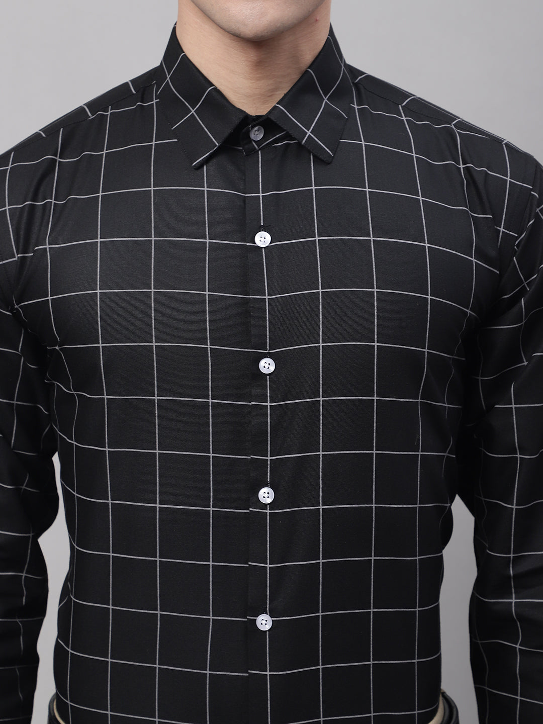 Men's Black Cotton Checked Formal Shirt - Taantav