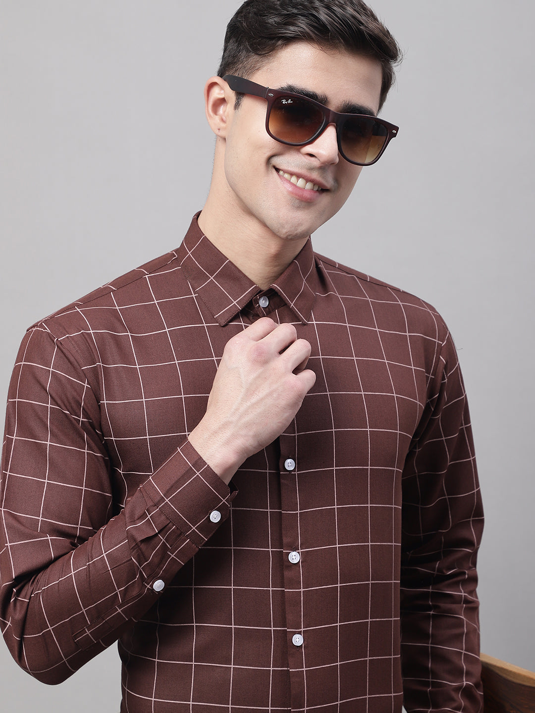 Men's Brown Cotton Checked Formal Shirt - Taantav