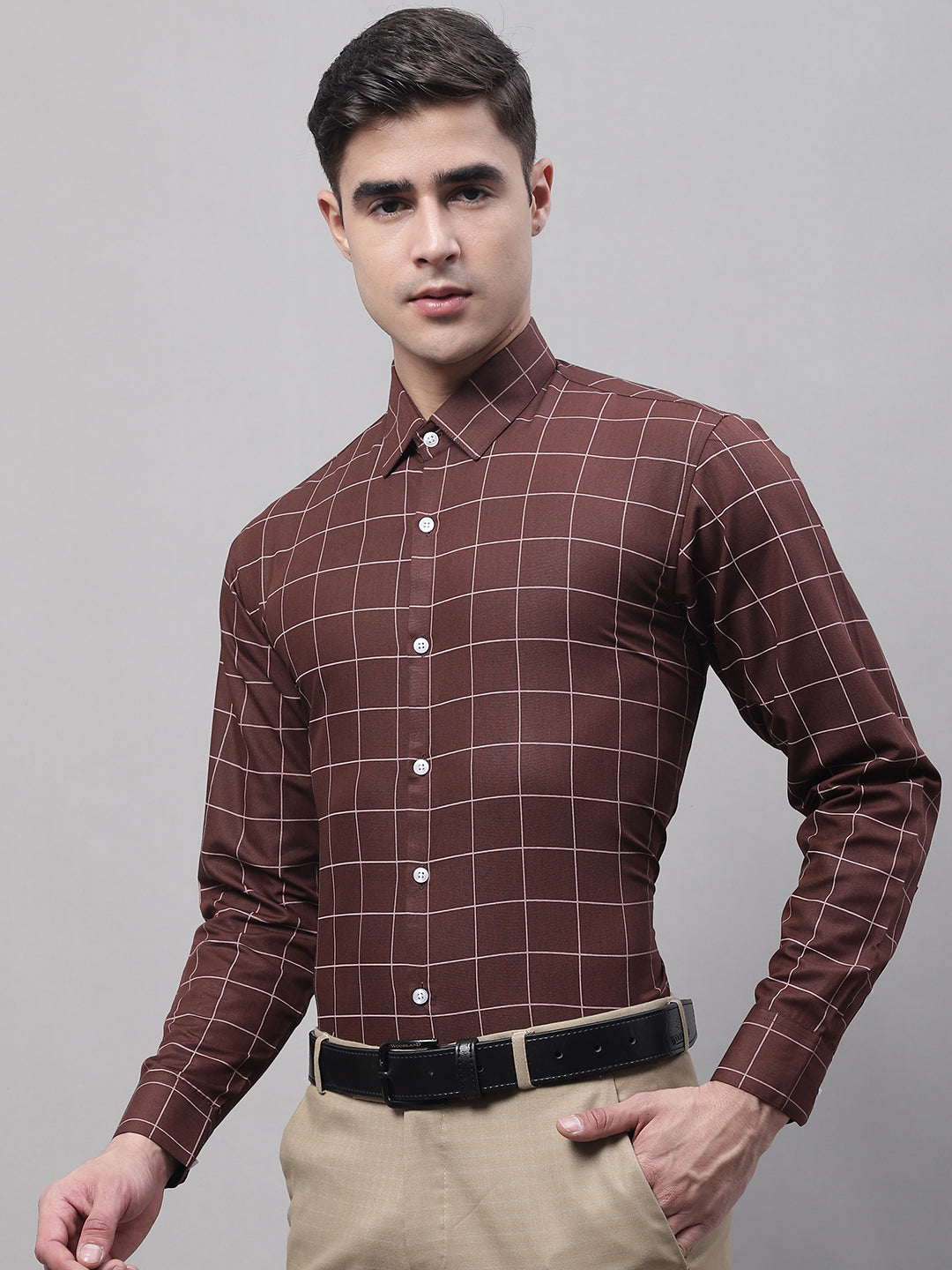 Men's Brown Cotton Checked Formal Shirt - Taantav