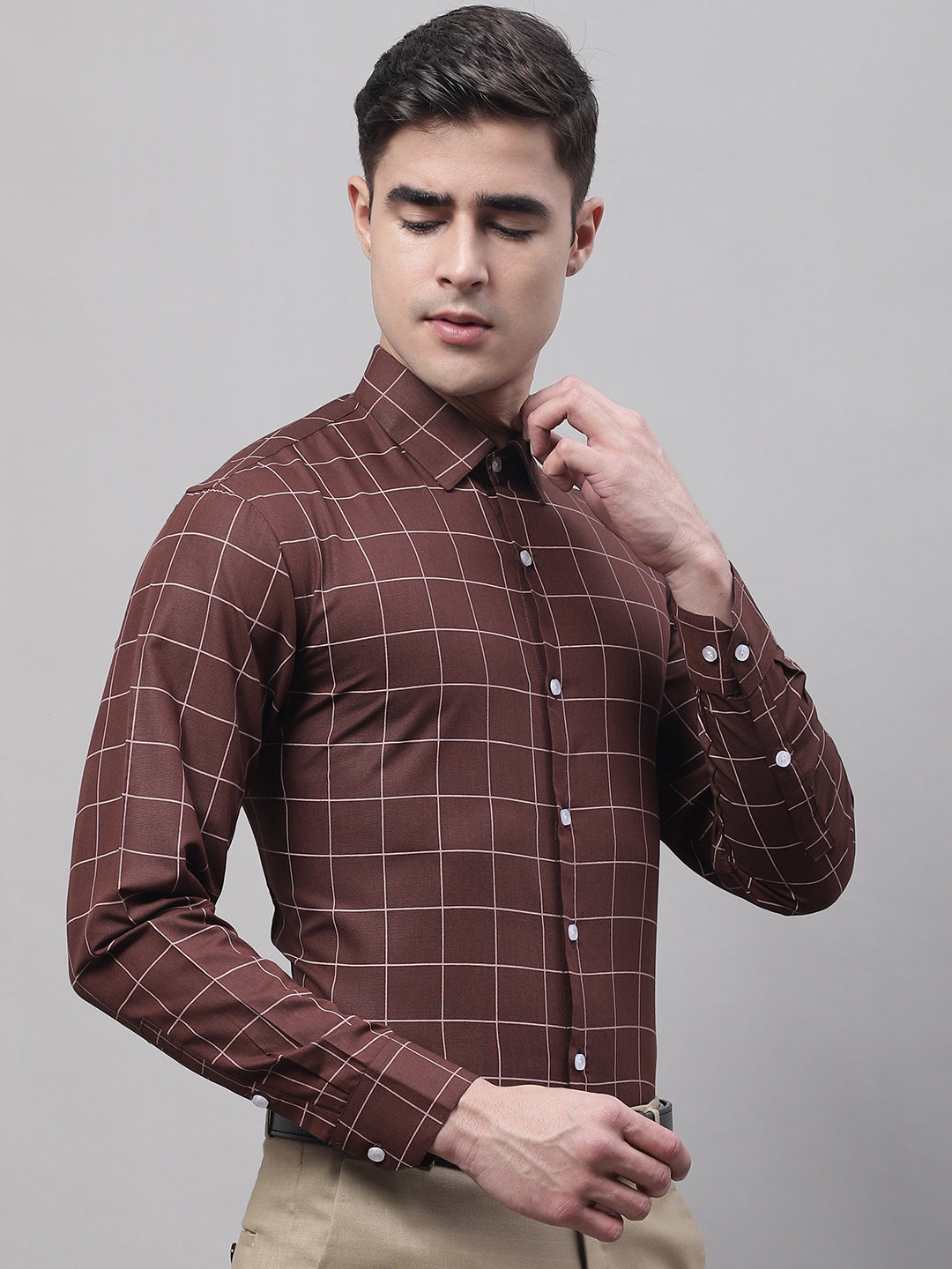 Men's Brown Cotton Checked Formal Shirt - Taantav