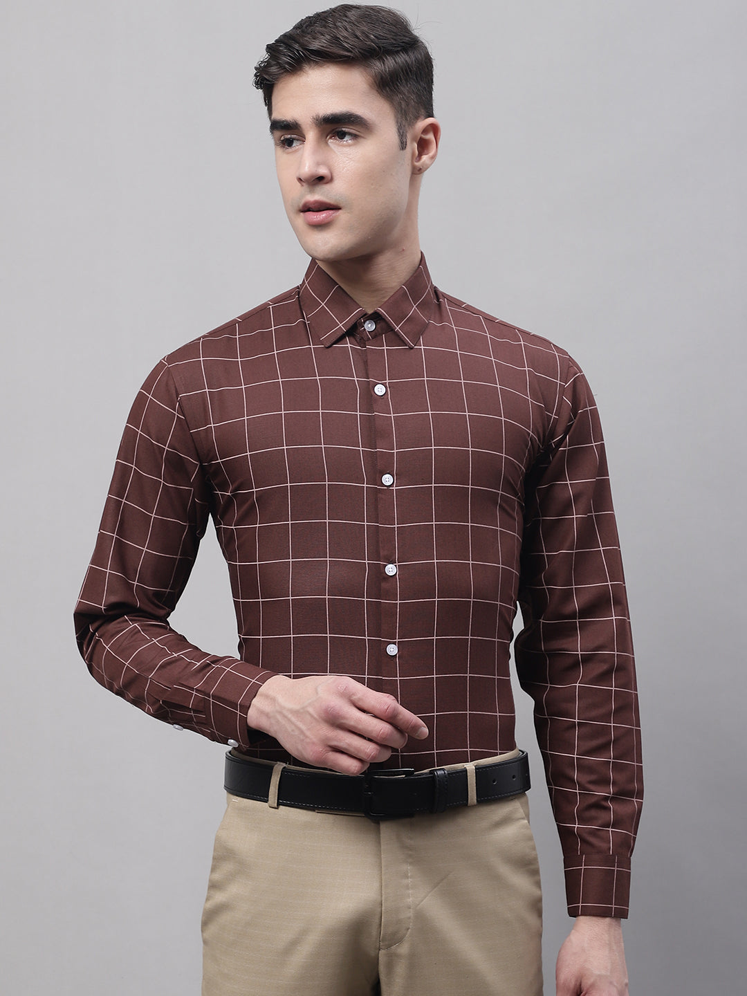 Men's Brown Cotton Checked Formal Shirt - Taantav