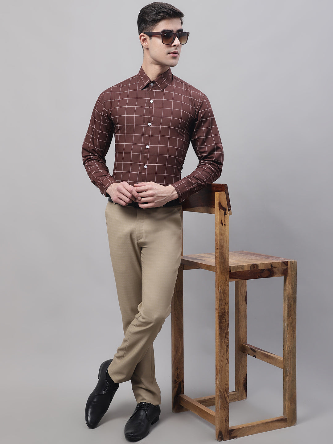 Men's Brown Cotton Checked Formal Shirt - Taantav