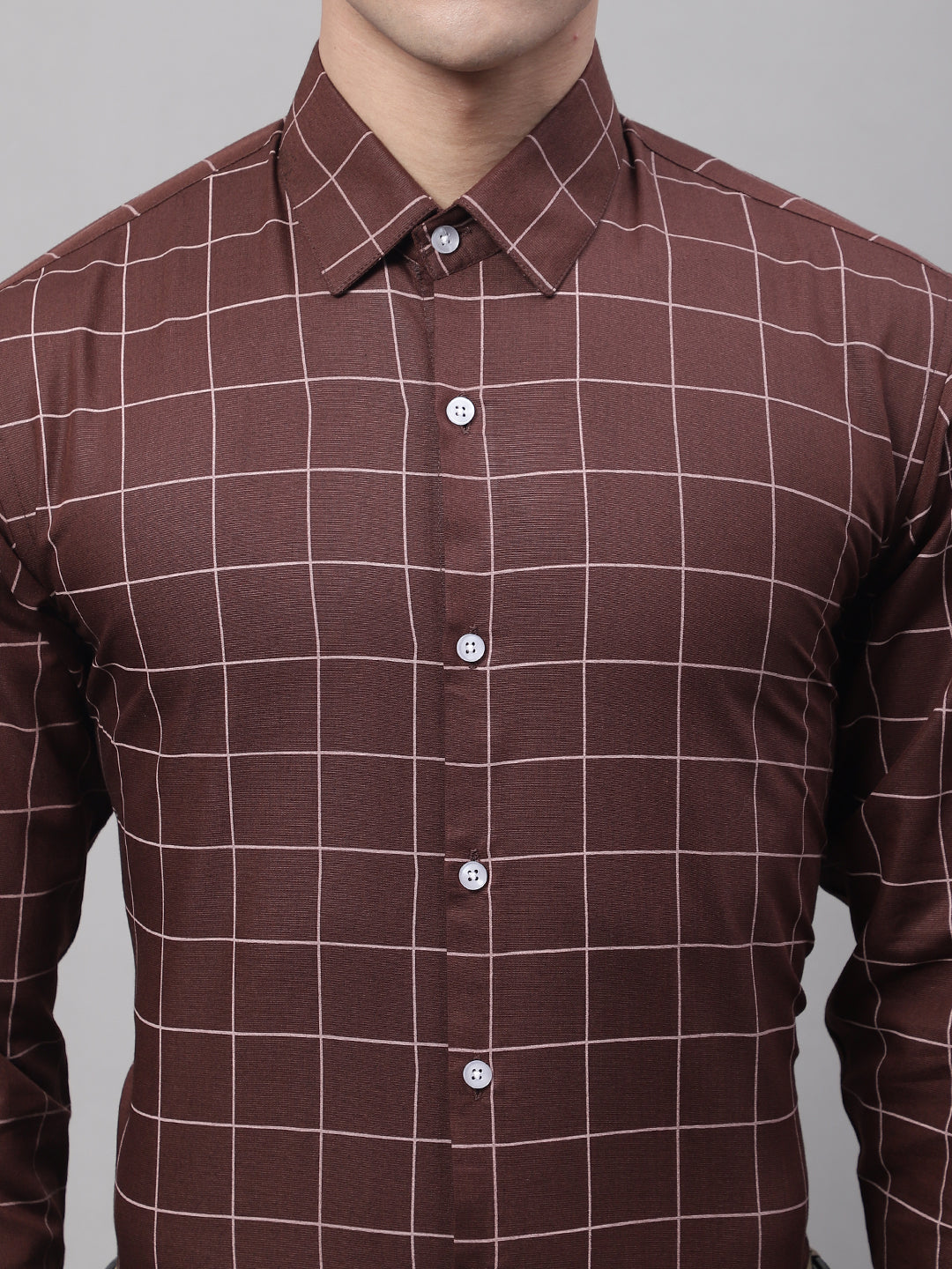 Men's Brown Cotton Checked Formal Shirt - Taantav