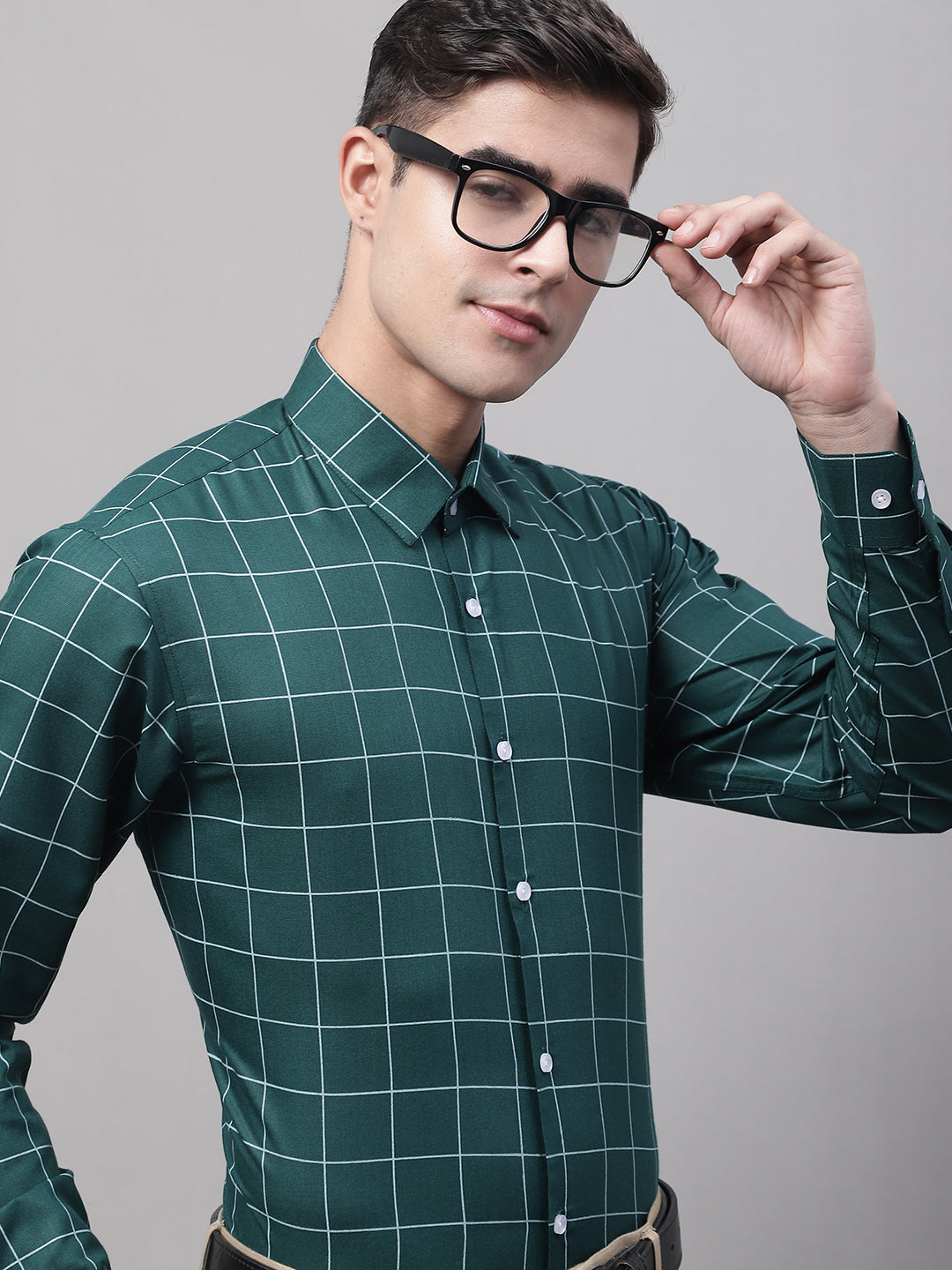 Men's Green Cotton Checked Formal Shirt - Taantav