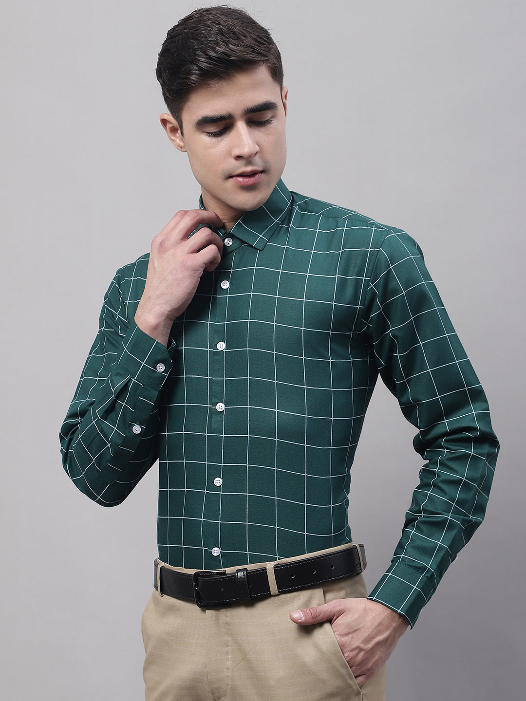 Men's Green Cotton Checked Formal Shirt - Taantav