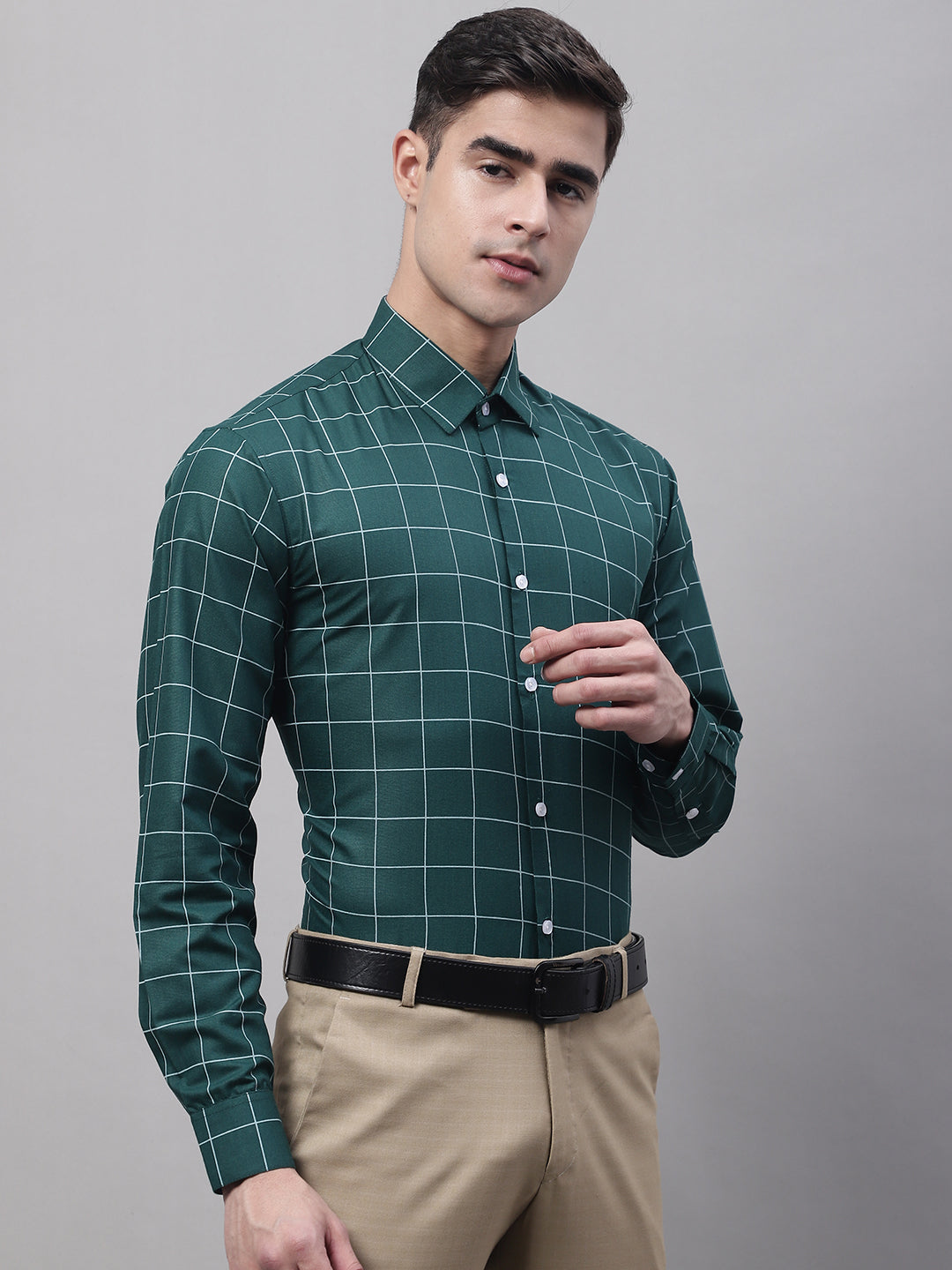 Men's Green Cotton Checked Formal Shirt - Taantav