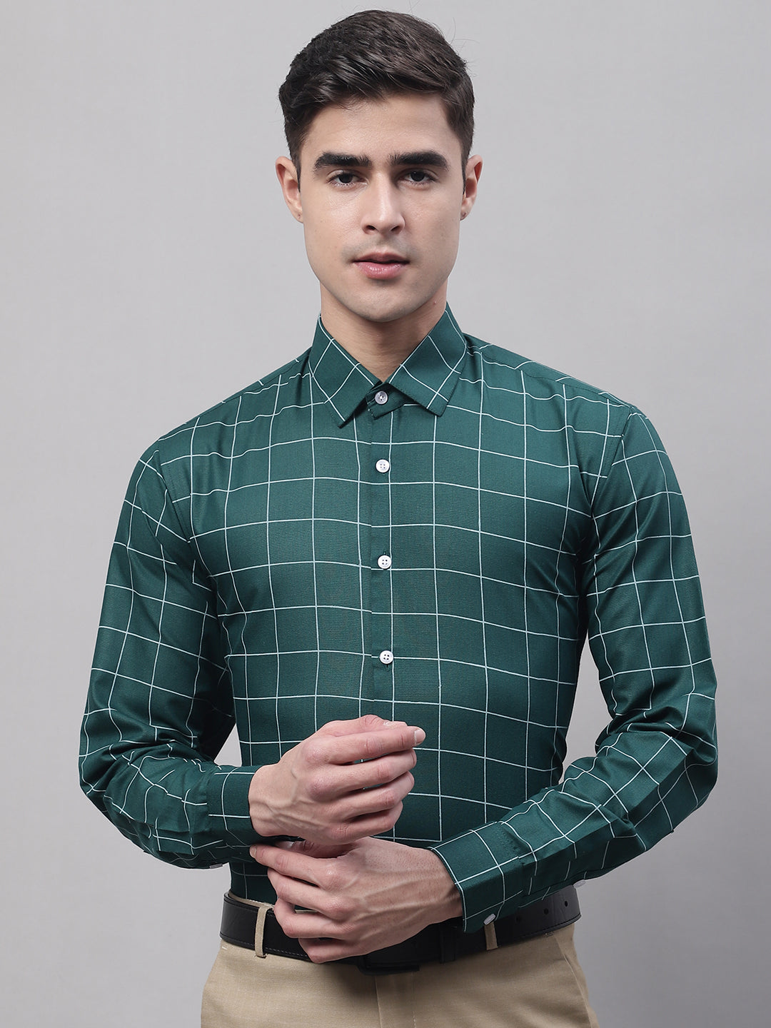 Men's Green Cotton Checked Formal Shirt - Taantav