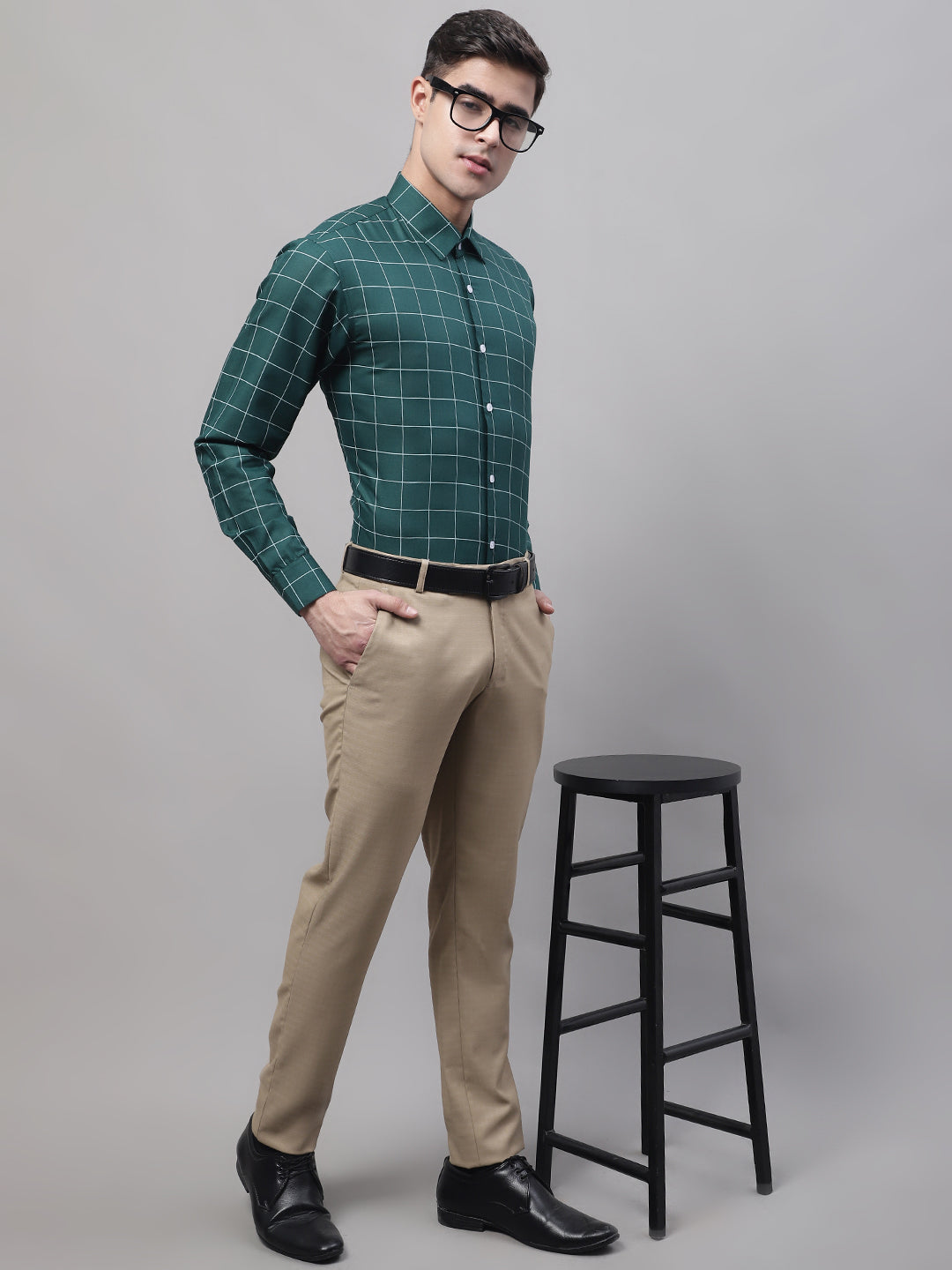 Men's Green Cotton Checked Formal Shirt - Taantav