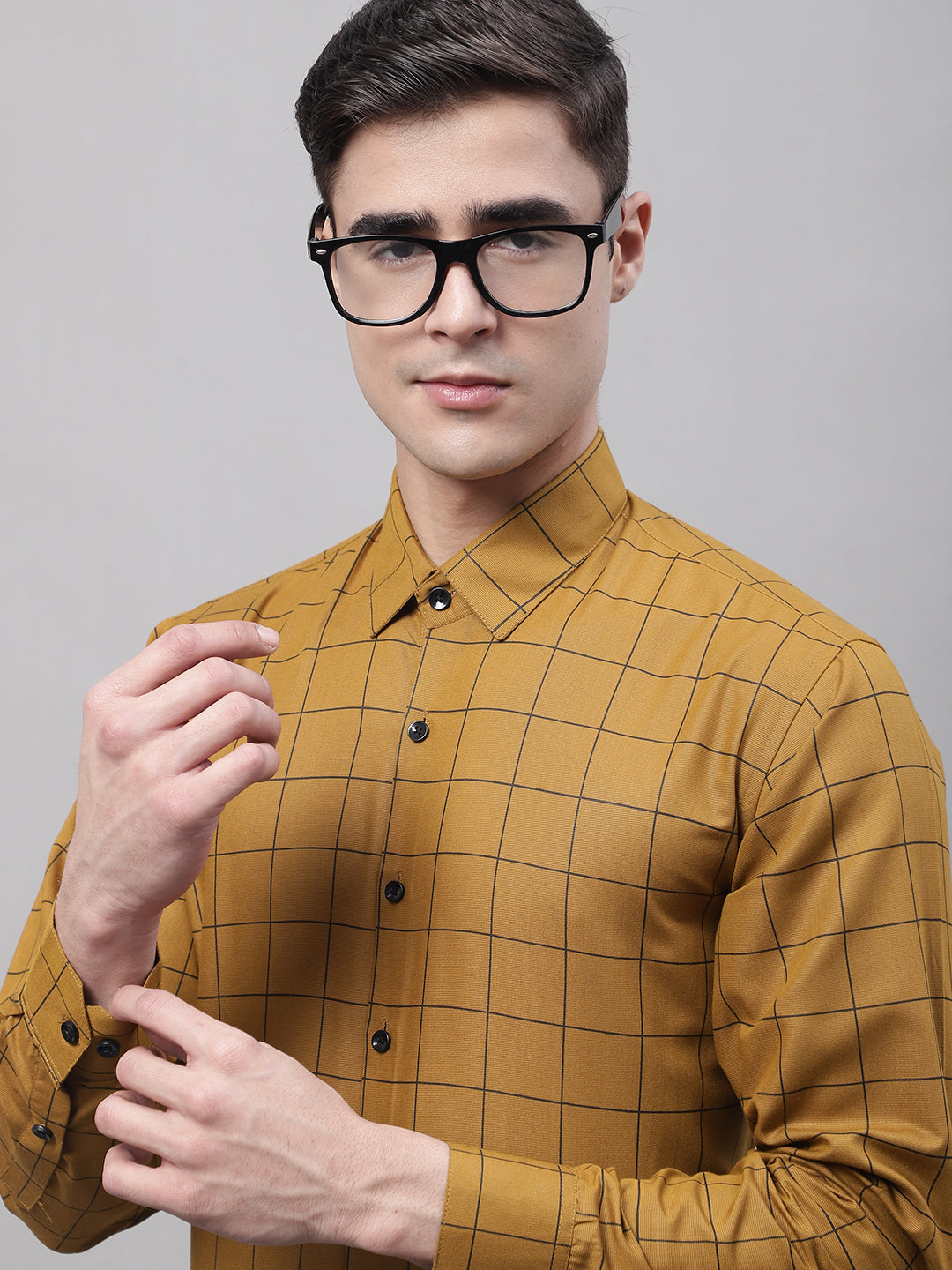 Men's Mustard Cotton Checked Formal Shirt - Taantav