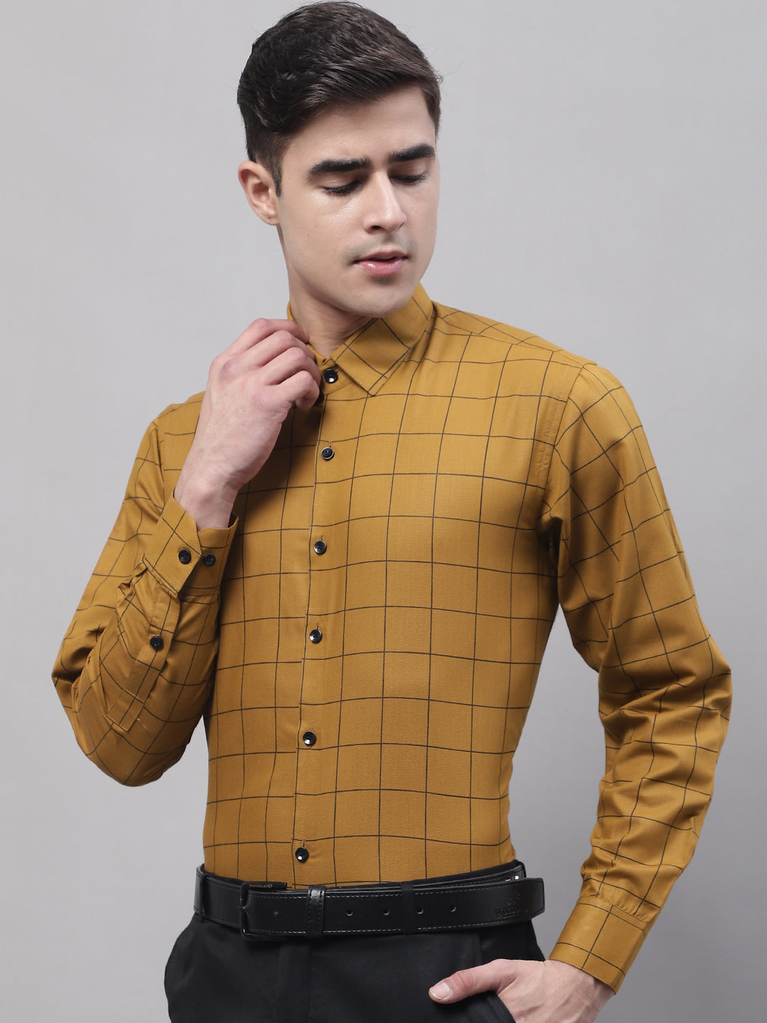 Men's Mustard Cotton Checked Formal Shirt - Taantav