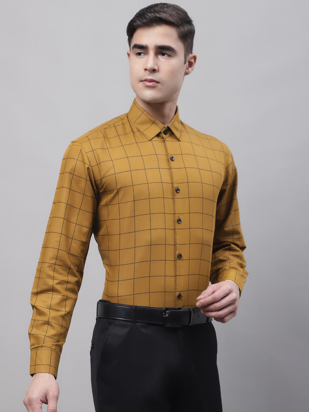 Men's Mustard Cotton Checked Formal Shirt - Taantav