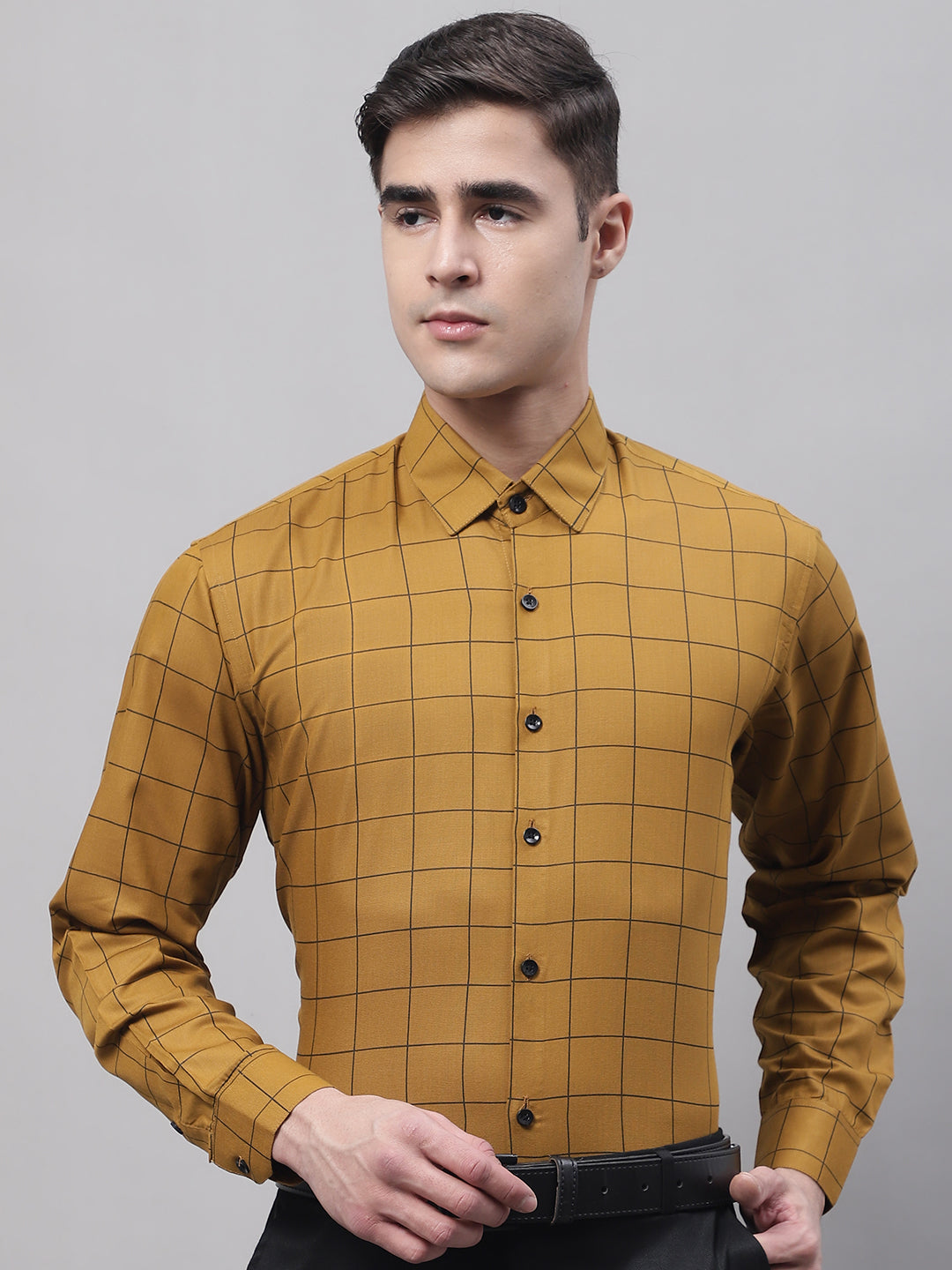 Men's Mustard Cotton Checked Formal Shirt - Taantav