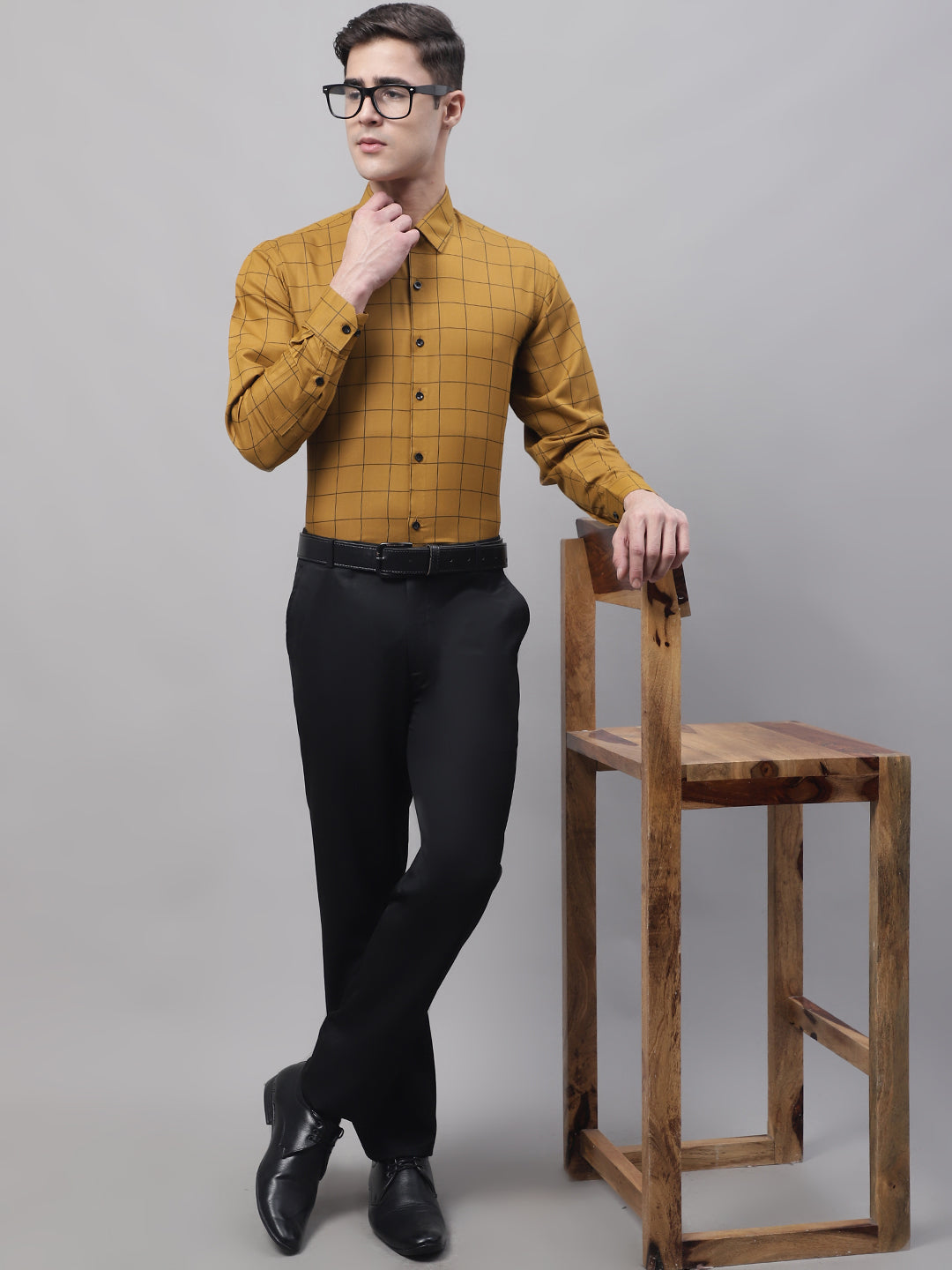 Men's Mustard Cotton Checked Formal Shirt - Taantav