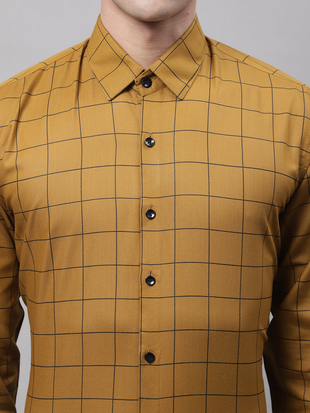 Men's Mustard Cotton Checked Formal Shirt - Taantav