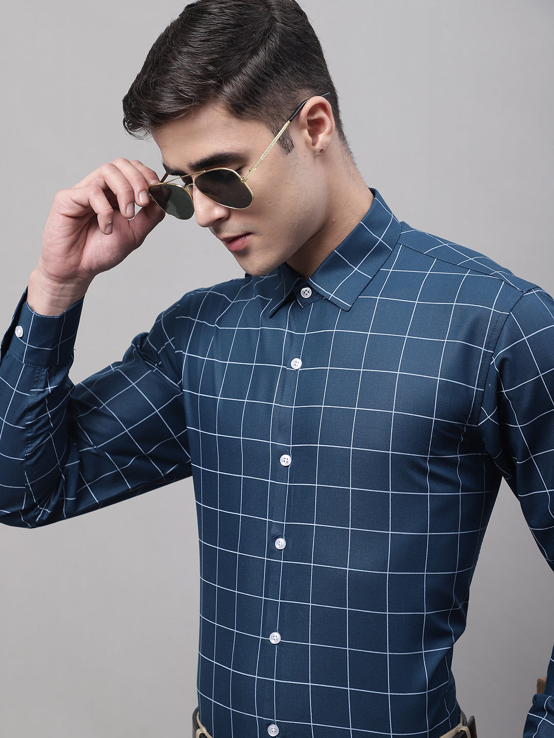 Men's Teal Blue Cotton Checked Formal Shirt - Taantav