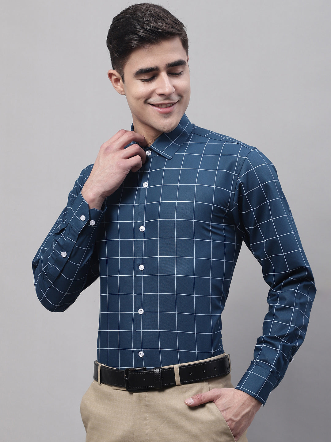 Men's Teal Blue Cotton Checked Formal Shirt - Taantav