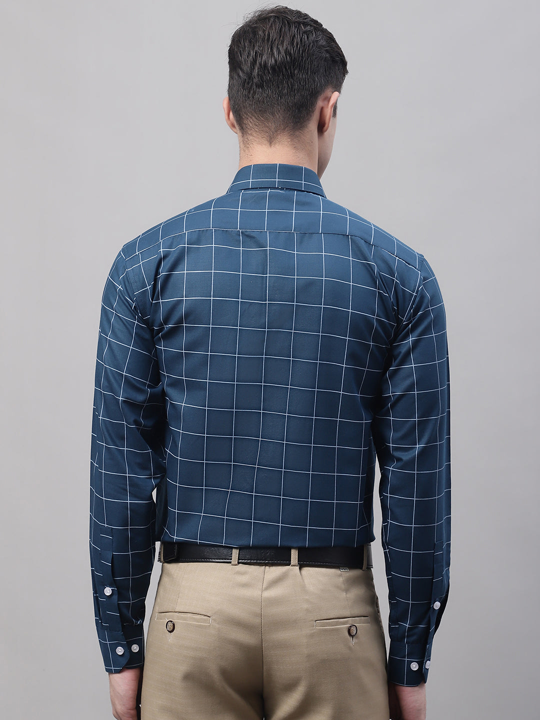 Men's Teal Blue Cotton Checked Formal Shirt - Taantav